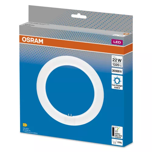 T9 LED fénycső kör alakú G10q 11W = 22W 1320lm 6500K Hideg 110° LED cső EM Osram