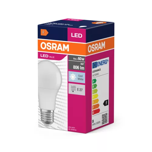 LED izzó A60 E27 8W = 60W 806lm 4000K Semleges 150° VALUE CLASSIC Osram