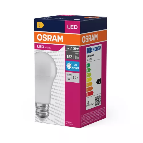 LED izzó A60 E27 13W = 100W 1521lm 6500K Hideg 180° VALUE CLASSIC Osram