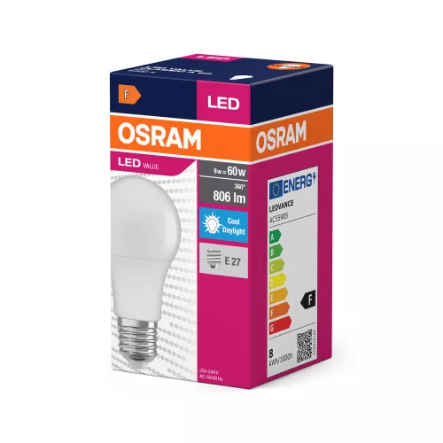 LED izzó A60 E27 8W = 60W 806lm 6500K Hideg 150° VALUE CLASSIC Osram