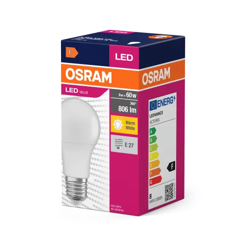 LED izzó A60 E27 8W = 60W 806lm 2700K Meleg 150° VALUE CLASSIC Osram