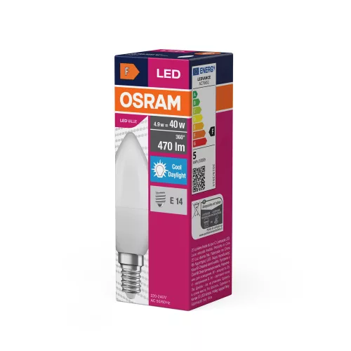 LED izzó B37 gyertya E14 4.9W = 40W 470lm 6500K Hideg 180° VALUE CLASSIC Osram