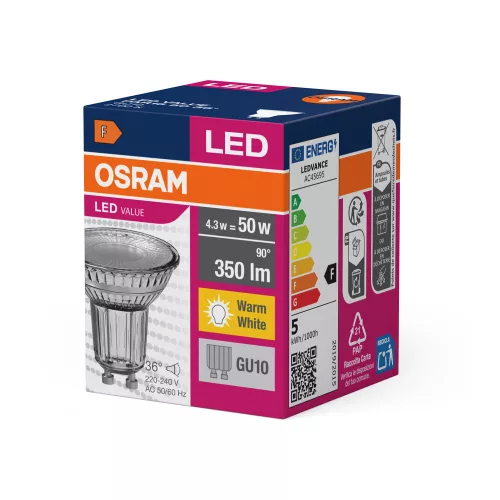 LED izzó PAR16 reflektor GU10 4.3W = 50W 350lm 2700K Meleg 36° VALUE Osram