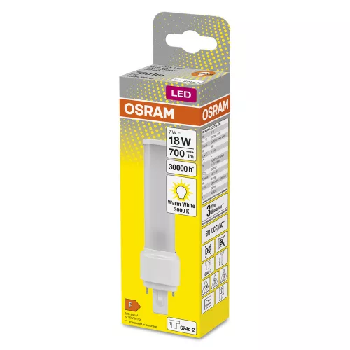 LED fénycső, egyoldalas, G24d-2, 7W = 18W, 700lm, 3000K, meleg, 120°, DULUX LED D EM és AC, Osram