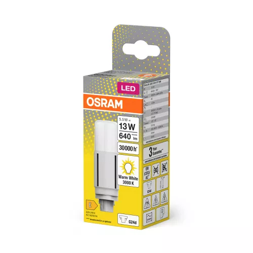 LED fénycső, egyoldalas, G24d, 5,5 W = 13 W, 640 lm, 3000 K, meleg, 300°, DULUX LED D VT EM és AC, Osram