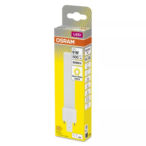 LED fénycső, egyoldalas, G23, 4W = 9W, 500lm, 3000K, meleg, 120°, DULUX LED S EM és AC, Osram