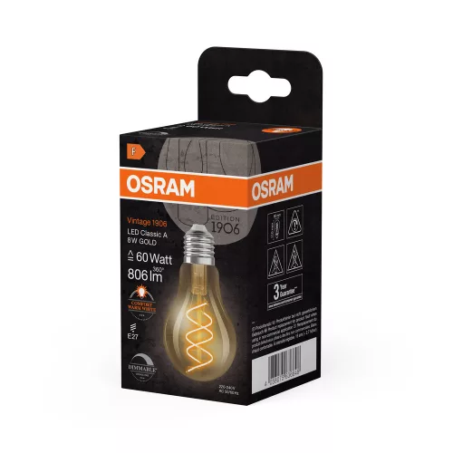LED dekoratív izzó A60 E27 8W = 60W 806lm 2200K Meleg CRI90 300° Izzószálas, szabályozható fényerővel Vintage 1906 Osram