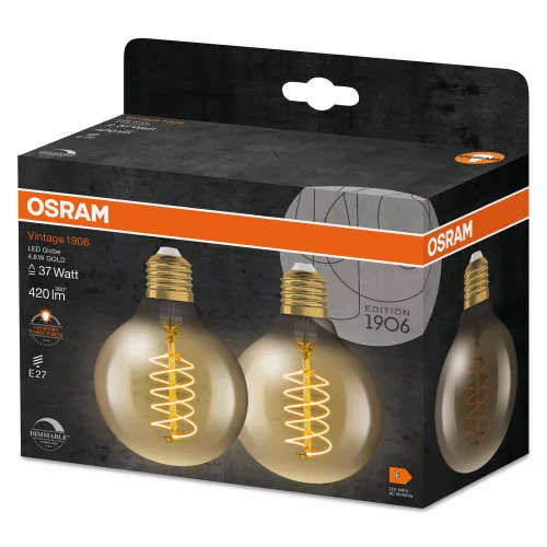 2x Dekoratív LED izzó G80 gömb alakú E27 4.8W = 37W 420lm 2200K Meleg 320° Izzószálas, szabályozható fényerővel, Vintage 1906 Osram