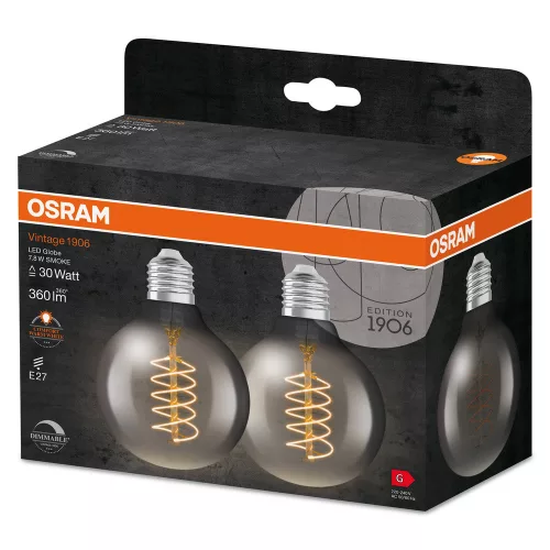 2x Dekoratív LED izzó G80 gömb alakú E27 7.8W = 30W 360lm 1800K Meleg 320° Füstölt Izzószálas Szabályozható Vintage 1906 Osram