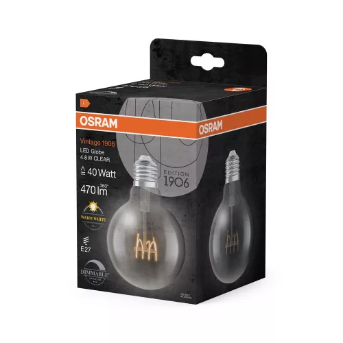 LED dekoratív izzó G95 gömb alakú E27 4,8 W = 40 W 470 lm 2700 K Meleg 320° Izzószálas, szabályozható fényerővel Vintage 1906 Osram