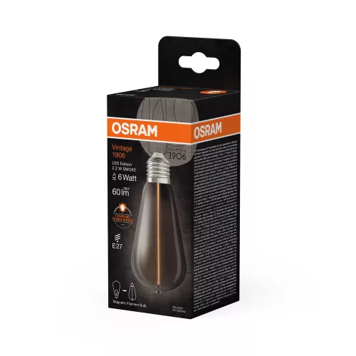 Dekoratív LED izzó ST64 gömb alakú E27 2.2W = 6W 60lm 1800K Meleg 320° Füstölt Izzószál Vintage 1906 Osram