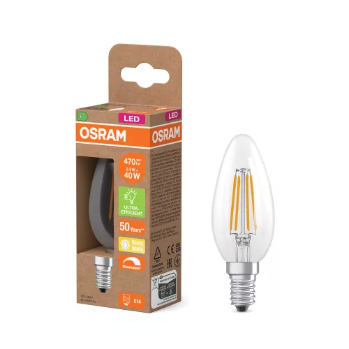 LED izzó B35 E14 gyertya 2.5W = 40W 470lm 2700K Meleg 300° Izzószálas, szabályozható fényerejű Osram