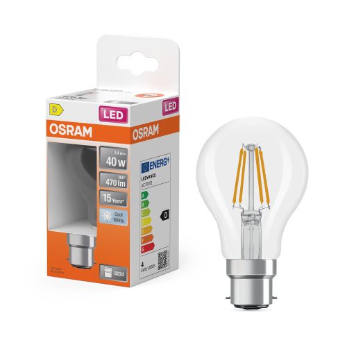 LED izzó A60 B22d 3.4W = 40W 470lm 4000K Semleges 300° Izzószálas STAR CLASSIC Osram
