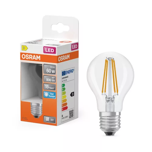 LED izzó E27 A60 5.9W = 60W 806lm 6500K Hideg 300° Izzószálas STAR CLASSIC Osram