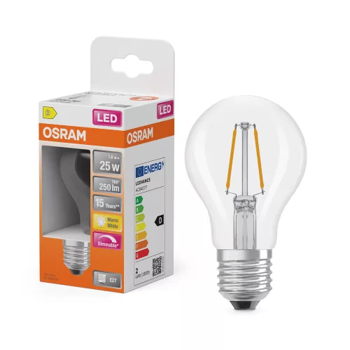 LED izzó E27 A60 1.8W = 25W 250lm 2700K Meleg 320° Izzószálas, szabályozható fényerejű SUPERSTAR Osram