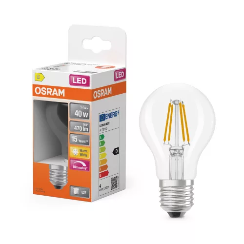 LED izzó E27 A60 3.4W = 40W 470lm 2700K Meleg 320° Izzószálas, szabályozható fényerejű SUPERSTAR Osram