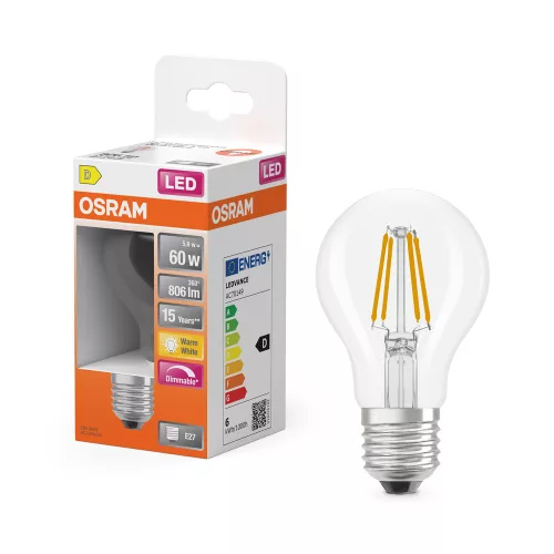 LED izzó E27 A60 5.9W = 60W 806lm 2700K Meleg 300° Izzószálas, szabályozható fényerővel SUPERSTAR Osram