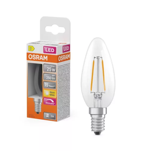 LED izzó B35 E14 gyertya 1.8W = 25W 2700K 250lm Meleg 320° Izzószálas, szabályozható fényerejű SUPERSTAR Osram