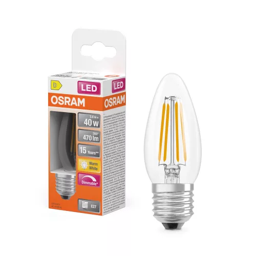 LED izzó B35 E27 gyertya 3.4W = 40W 470lm 2700K Meleg 320° Izzószálas, szabályozható fényerejű SUPERSTAR Osram