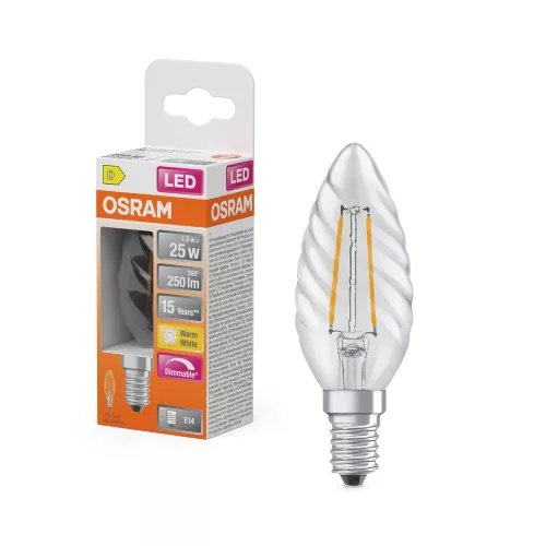 LED izzó B35 E14 gyertya 1.8W = 25W 250lm 2700K Meleg 320° Izzószálas, szabályozható fényerejű SUPERSTAR Osram