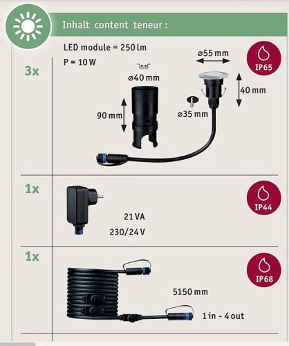 Süllyesztett lámpa alapkészlete FLOOR MINI Plug & Shine LED 3x2.5W 24V IP67 Silver Paulmann
