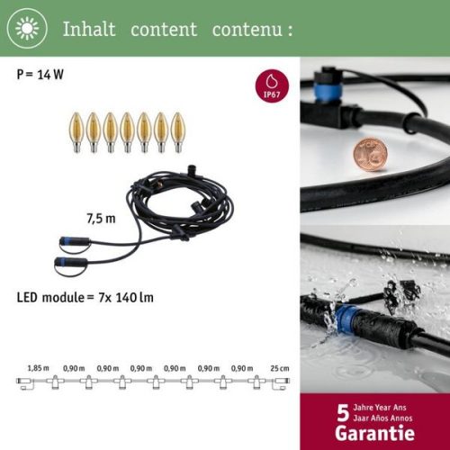 Girland LED 7xE14 2W 24V IP44 7,5m Fekete Paulmann