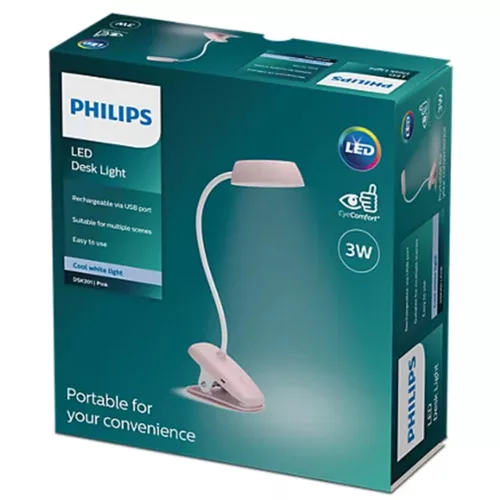 LED asztali lámpa DONUTCLIP 3W 4000K fényerő-szabályozható USB rózsaszín bilinccsel PHILIPS
