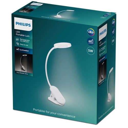 LED asztali lámpa FORYS CLIP 5W 4000K dimmelhető USB fehér bilinccsel PHILIPS
