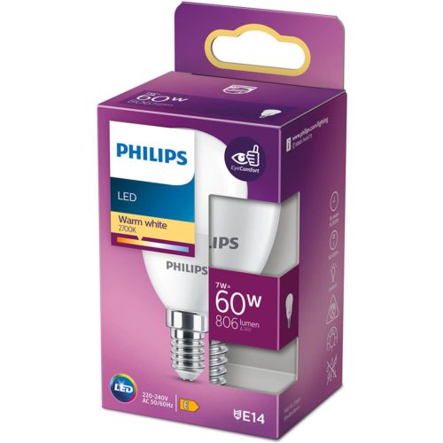 LED izzó E14 P48 7W = 60W 806lm 2700K Meleg PHILIPS