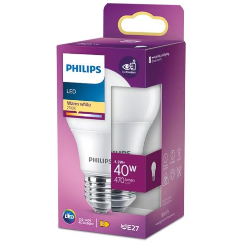 LED izzó E27 A60 4,2W = 40W 470lm 2700K meleg fehér PHILIPS