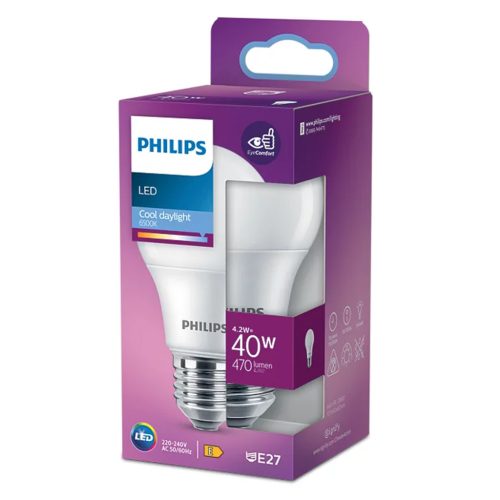 LED izzó E27 A60 4,2W = 40W 470lm 6500K hideg fehér PHILIPS