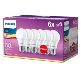   6x LED izzó E27 A60 7W = 60W 806lm 2700K Meleg 150° PHILIPS
