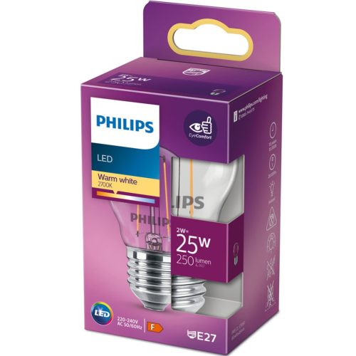 LED izzó E27 P45 2W = 25W 250lm 2700K meleg izzószál PHILIPS