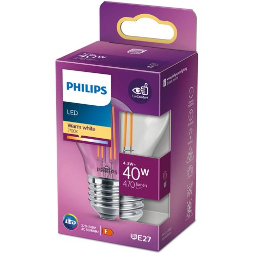 LED izzó E27 P45 4.3W = 40W 470lm 2700K meleg izzószál PHILIPS