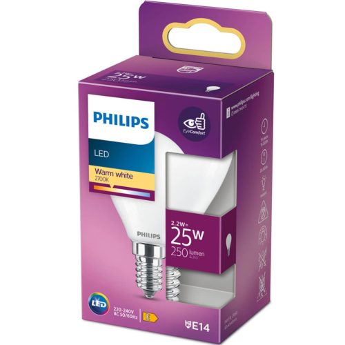 LED izzó E14 P45 2,2W = 25W 250lm 2700K meleg izzószál PHILIPS