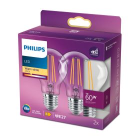   2x LED izzó készlet E27 A60 7W = 60W 806lm 2700K meleg izzószál PHILIPS