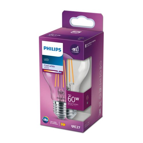 LED izzó E27 A60 7W = 60W 850lm 4000K semleges izzószál PHILIPS