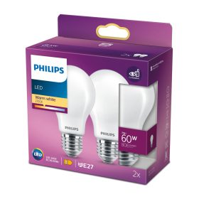  2 db LED izzós készlet E27 A60 7W = 60W 806lm 2700K melegszálas tejes PHILIPS