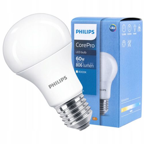 E27 A60 LED izzó 8W = 60W 806lm 4000K semleges PHILIPS