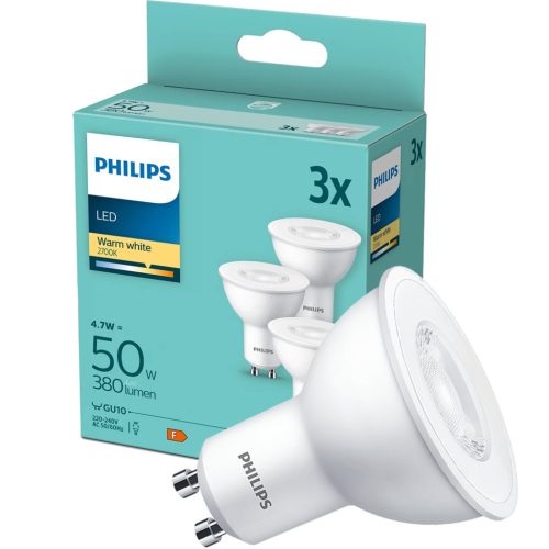 3PAK LED izzó GU10 4.7W = 50W 380lm 2700K Meleg 36° PHILIPS