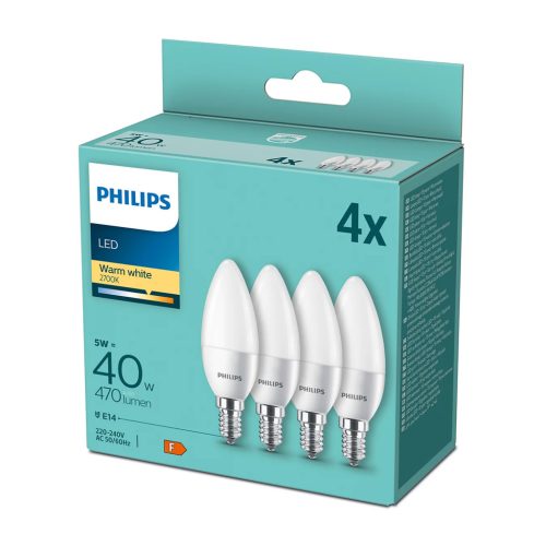 4PAK LED izzó E14 B35 4,9W = 40W 470lm 2700K meleg tejszerű PHILIPS