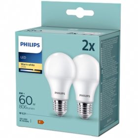 2PAK LED izzó E27 A60 8W = 60W 806lm 2700K Meleg PHILIPS