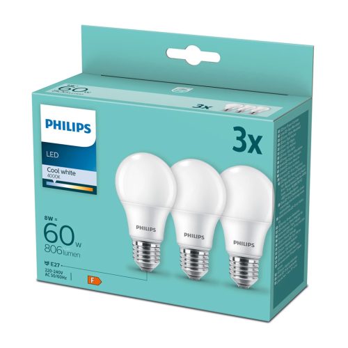 3PAK LED izzó E27 A60 8W = 60W 806lm 4000K semleges PHILIPS
