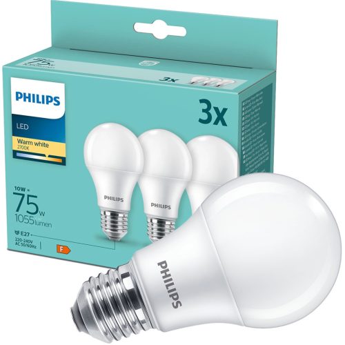 3PAK LED izzó E27 A60 10W = 75W 1055lm 2700K Meleg PHILIPS