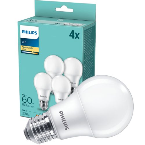 4PAK LED izzó E27 A60 8W = 60W 806lm 2700K Meleg PHILIPS