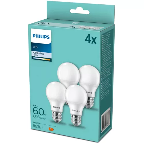 4PAK LED izzó E27 A60 9W = 60W 806lm 4000K Semleges Milky PHILIPS