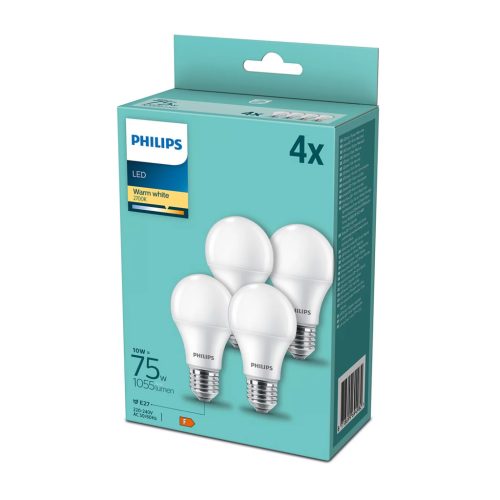 4PAK LED izzó E27 A60 10W = 75W 1055lm 2700K meleg tejszerű PHILIPS