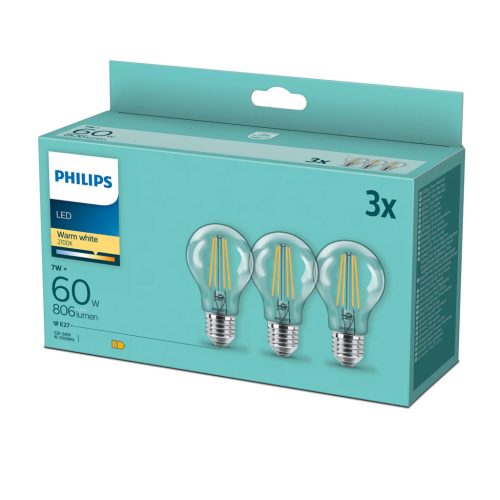 3PAK LED izzó E27 A60 7W = 60W 806lm 2700K meleg izzószál PHILIPS