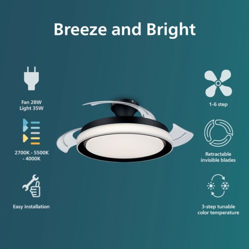 Mennyezeti lámpa Mennyezeti ventilátor LED 28+35W 4500lm 2700-5500K Fekete Bliss Philips