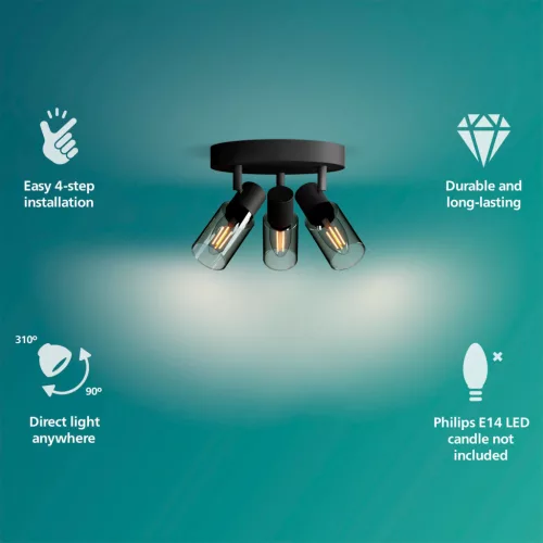 Mennyezeti lámpa Spotlámpa 3x E14 Black Palms Philips